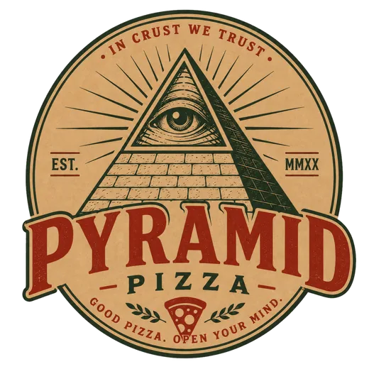 Pyramid Pizza logo — an all-seeing-eye pyramid badge reading in crust we trust