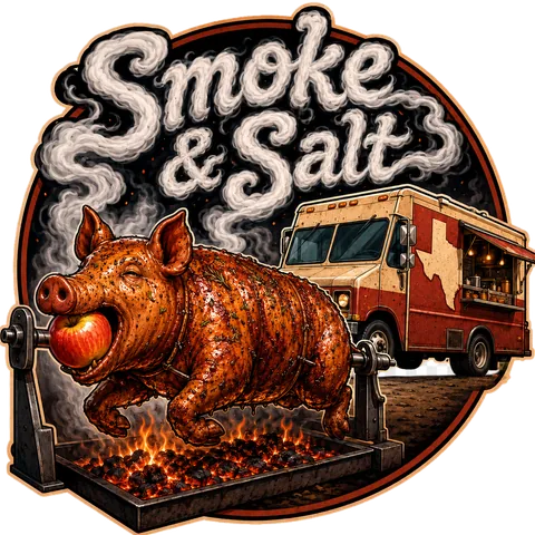 Smoke & Salt logo — a pig roasting on a spit in front of a Texas barbecue truck